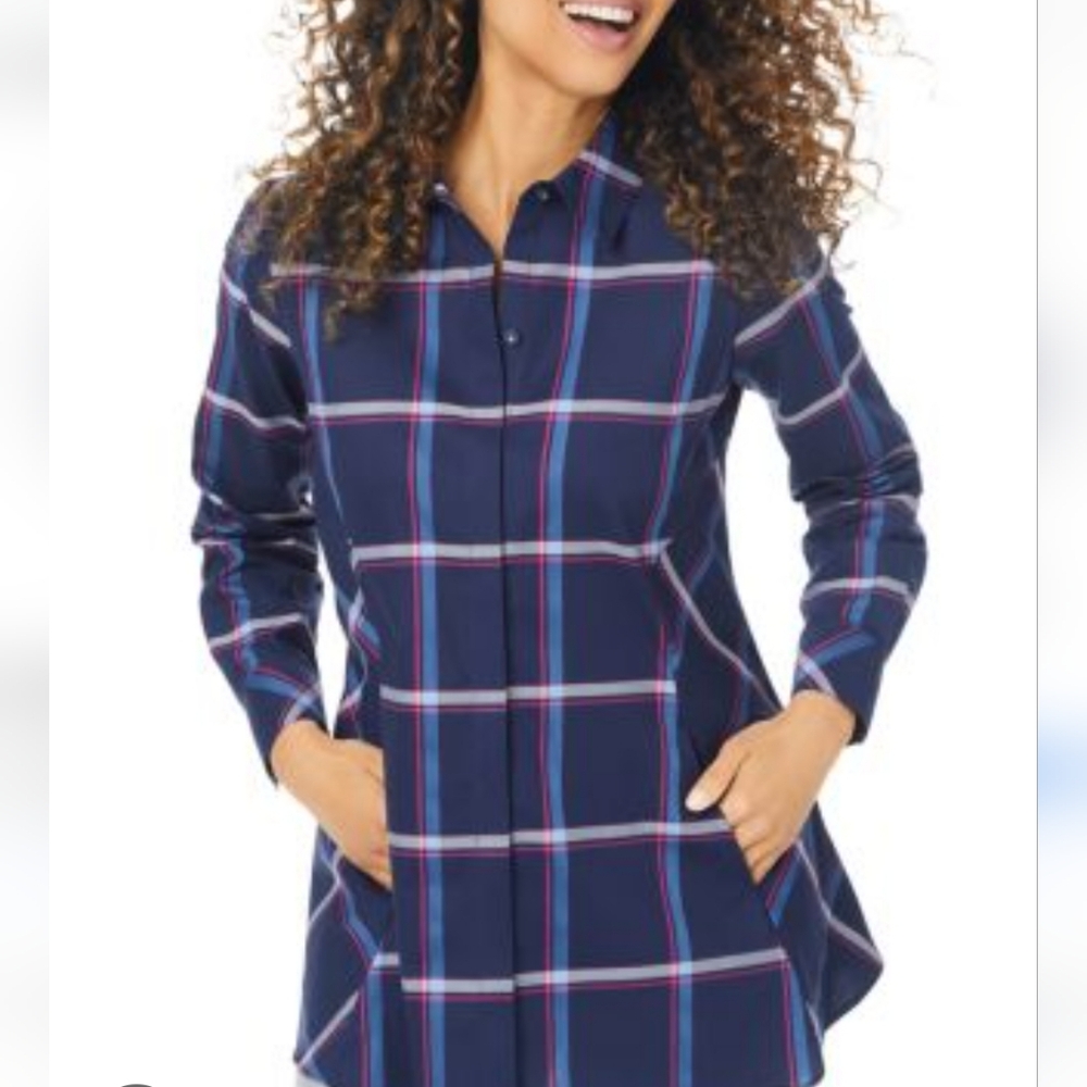 NWT Foxcroft Cici Weekend Blue and Red Plaid Button Down Tunic Shirt